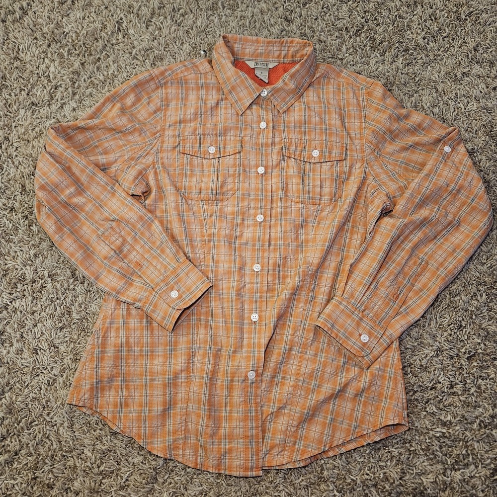 Duluth Trading Co. Womens Size‎ Small Orange Plaid Shirt Roll-Tab Sleeves